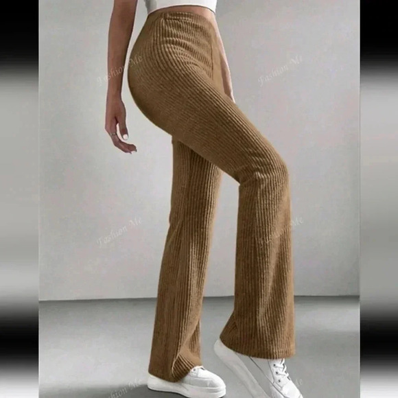 Pants - Solid Color Ribbed Flared Casual Pants
